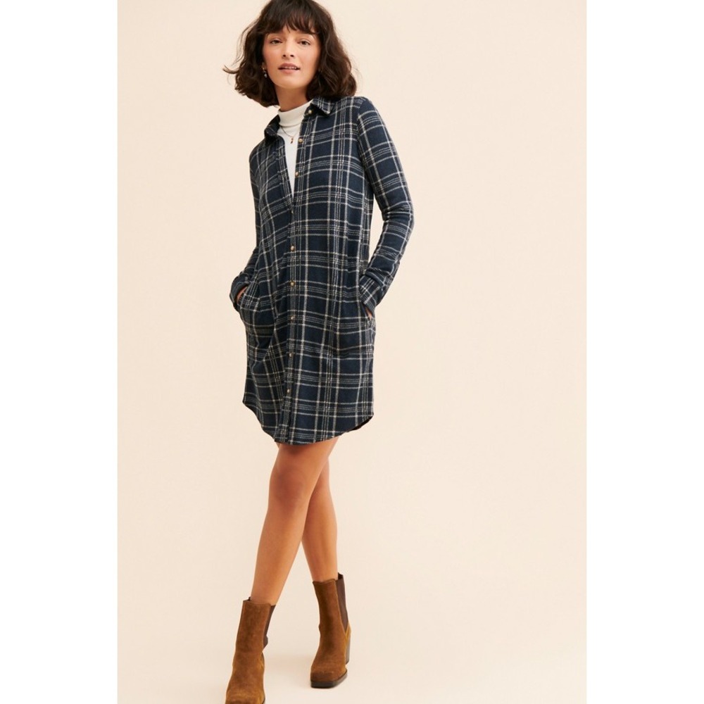 Faherty‎ Legend Plaid Shirt Dress Small Gray Flannel Button Front Mini Normcore